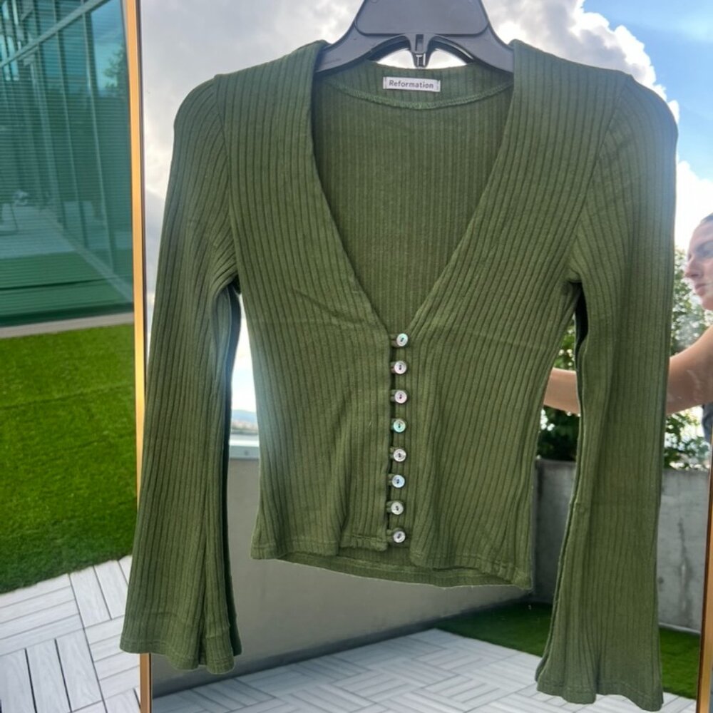Reformation Olive Green Ribbed Button-Front Cardigan